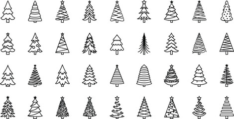 Christmas tree collection outline icon set with star decorations, minimalist festive pine tree design bundle, holiday graphic illustration pack