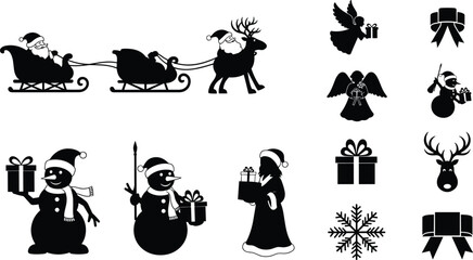 Christmas silhouettes, Santa sleigh, reindeer, snowman, angel gift, festive icons, holiday vector, black illustration, winter design, celebration elements