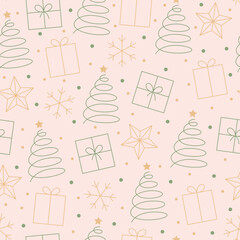 Minimal Christmas seamless pattern with gift boxes, stars and trees. Vector illustration