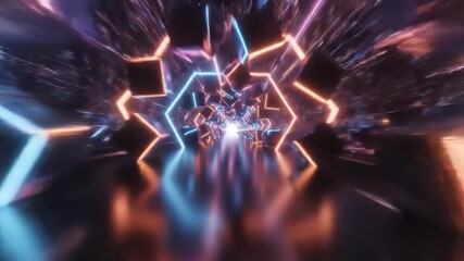 Abstract digital tunnel with neon hexagon shapes and flying cubes, rendered in a futuristic style with vibrant blue and orange lights. - Powered by Adobe
