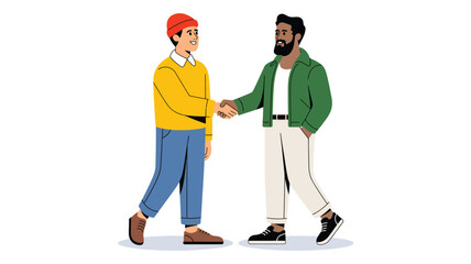  Two young men shaking hands in a friendly greeting, symbolizing agreement, partnership, communication, cooperation and positive interaction in a modern casual illustration