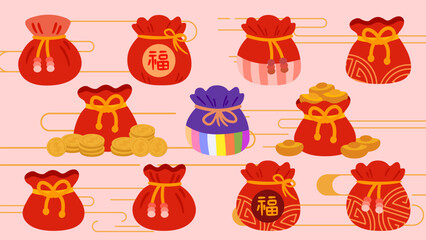 Cartoon Style Lunar New Year Lucky Bag set collection, the Chinese word means "fortune"