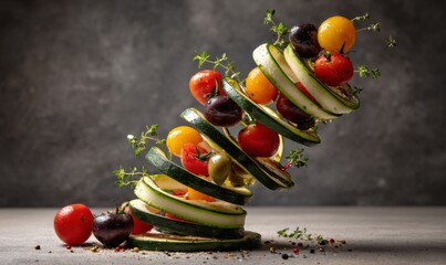 A colorful stack of sliced vegetables including zucchini, eggplant, and tomatoes, garnished with herbs and spices, on a dark background.