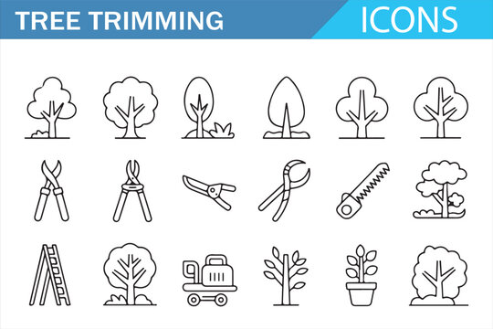 Garden landscaping and tree trimming line icon pack
