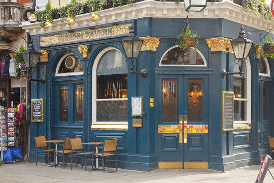 Museum Tavern pub historic building facade in Bloomsbury next to the British Museum, City of London, England.