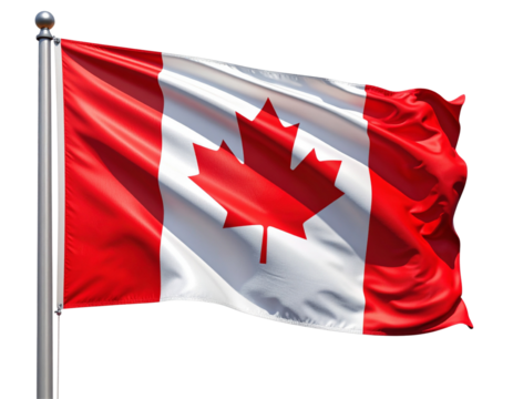 Canada Flag in Motion with Wind Ripples on Pole, Side Perspective PNG