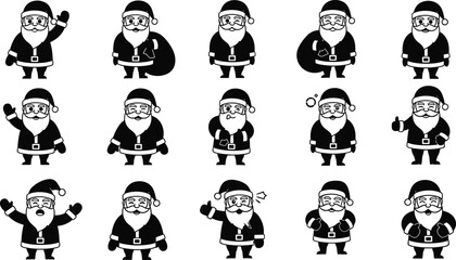 Obraz premium Cute Santa Claus icons with various poses and expressions, black festive Christmas character collection, holiday vector illustration set