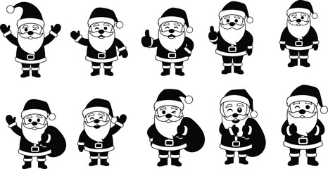 Cute black Santa Claus icons with different poses and gestures, festive Christmas character collection, cheerful holiday vector illustration set