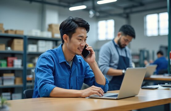 Asian man talks on phone near computer at workshop. Technician works with laptop at desk. Employees at automotive repair shop. Workers at auto service center use tech.
