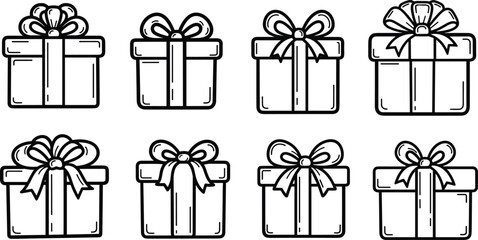 Gift box outline set with ribbon bows, present package vector collection for birthday, Christmas, and celebration design elements