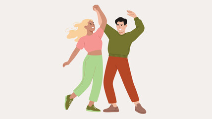  Happy young couple dancing together with joyful expressions, dynamic movement, playful energy and modern casual clothing in a fun illustration of celebration, happiness and togetherness