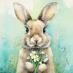 A bunny with a flower in its paws