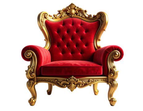  Opulent Royal Red Throne with Intricate Gold Frame, 3D Front View PNG
