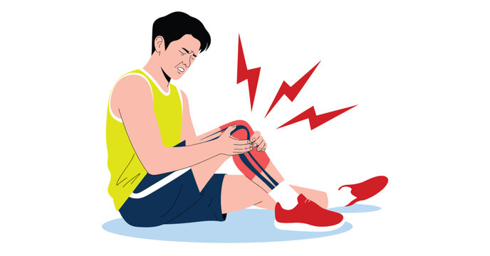  Injured athlete sitting on the ground holding his painful knee with visible red pain marks, sports injury concept illustrating joint strain, accident, discomfort, and physical trauma