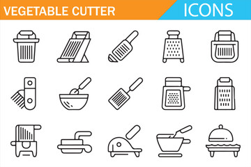 Kitchen slicer, grater and cooking utensil linear icon collection