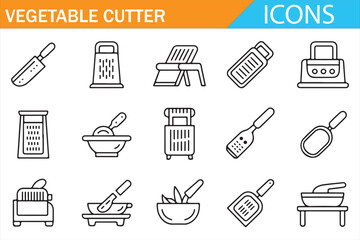 Vegetable cutter and kitchen tool outline icon set for food preparation