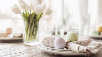 White flowers and Easter eggs on a table setting