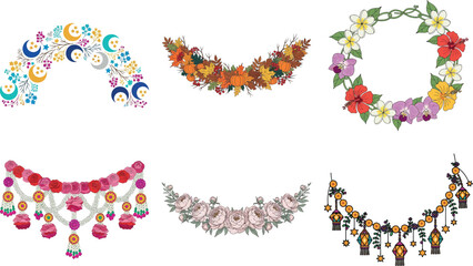 Set of six decorative garlands with floral, star, moon, and lantern elements isolated on transparent background