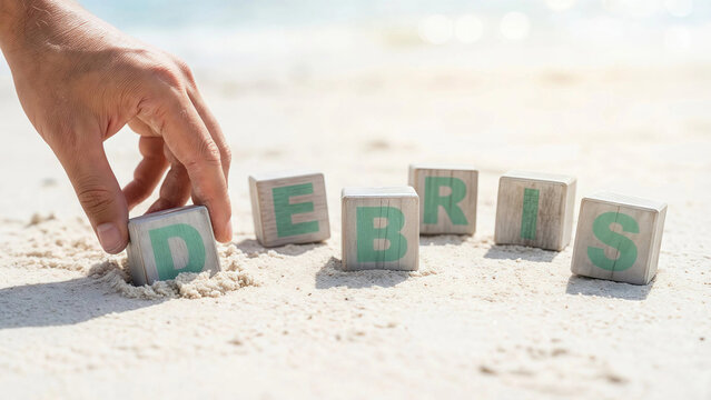 Beach Cleanup Concept Hand Placing Debris Blocks Environmental Responsibility Coastal Conservation Ocean Pollution