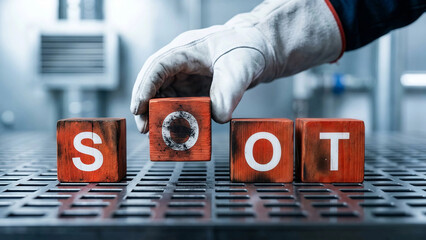 Safety Occupational Open Training Concept Construction Hand in Glove with Wooden Blocks Safety First Awareness