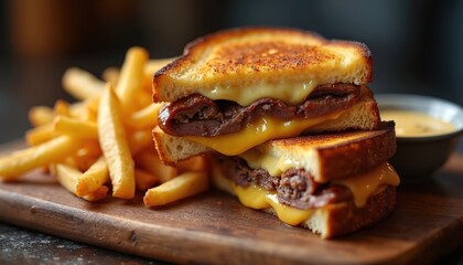 Grilled cheese sandwich with short rib and melted cheese. Golden fries and dipping sauce are besides. Delicious comfort food meal. Savory lunch or dinner.