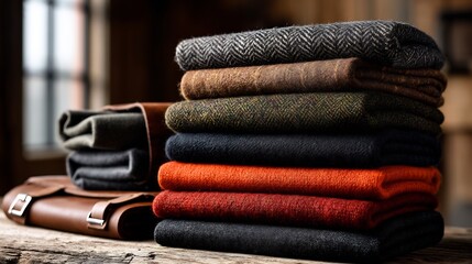 Stack of colorful wool blankets and a leather bag on a wooden table surface