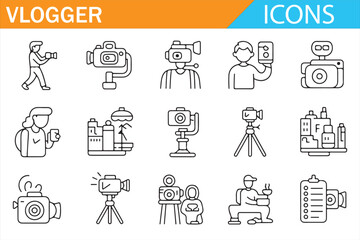 Fototapeta premium Modern vlogger studio, camera and microphone line icons