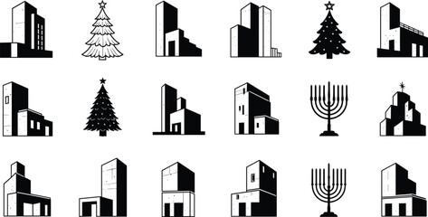 Modern architecture icons, Christmas tree symbols, Hanukkah menorah illustrations, festive urban design elements, black and white holiday vector set