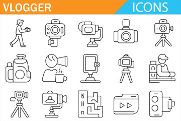 Social media vlogger tools and studio equipment outline icons