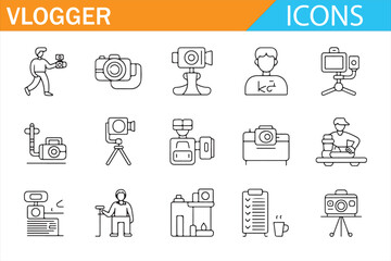 Vlogger and content creator outline icon set with camera, tripod, microphone, studio gear and social media production symbols for blogging, streaming and digital marketing