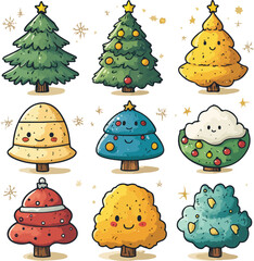 Christmas vector illustration set with cartoon trees, ornaments, snowman, and holiday icons