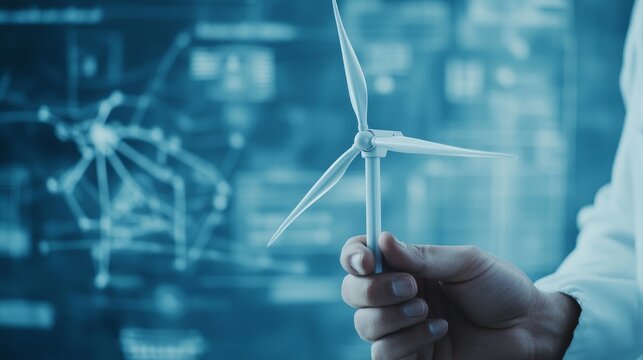A professional is carefully examining a detailed wind turbine model in a modern hightech environment