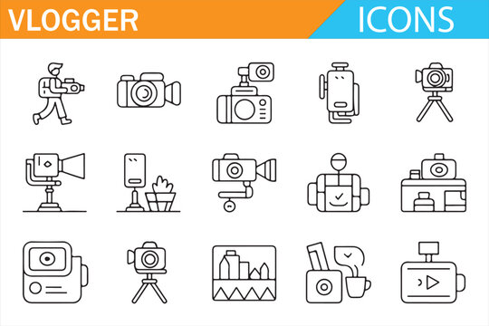 Vlogger and content creator outline icon set with video recording equipment