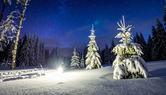 A starlit winter night illuminates a snow-covered forest with fir trees under a majestic sky.
