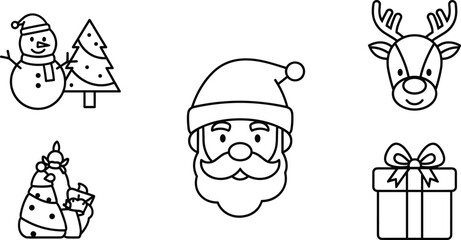 Santa Claus, reindeer, snowman, Christmas tree, and gift box outline icons, festive winter holiday vector illustration collection