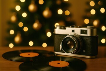 A camera is sitting on top of a record player