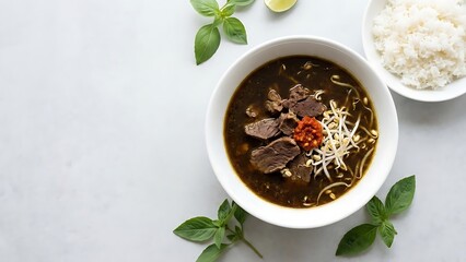 Indonesian black beef soup with bean sprouts, chili, and rice on a light background