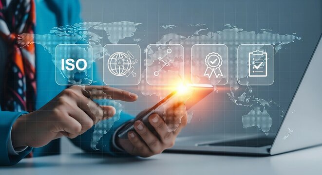 Businessperson managing global iso quality standards on phone.