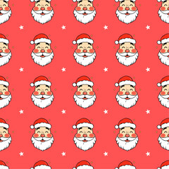 A repeating pattern on a red background with smiling cartoon Santa heads wearing red hats with white trim, interspersed with white stars and small gold glitter accents.