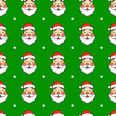  A repeating pattern of cartoon Santa Claus faces in red hats with white beards, interspersed with small white stars and golden sparkles against a solid green background.