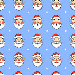  A repeated design showcasing cartoon Santa Claus heads with red hats and white beards, interspersed with white stars on a light blue backdrop. Ideal for holiday-themed backgrounds and wrapping paper.