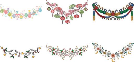 Set of six colorful garlands isolated on transparent background, perfect for festive decorations and celebrations