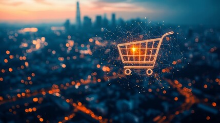 A bright, glowing digital shopping cart icon vividly stands out against a stunning modern city skyline at twilight