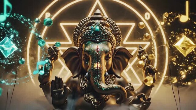 Mystical Hindu God Ganesha with Glowing Sacred Geometry Animation.