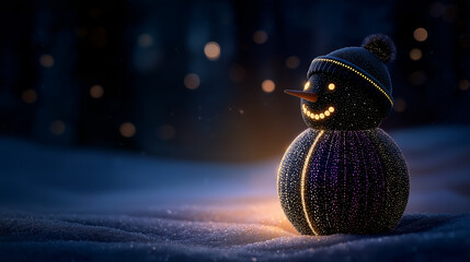 Winter's Glowing Guardian: A friendly snowman stands serenely amidst a snowy wonderland. Its inviting smile and cozy hat radiate warmth, as soft, bokeh lights twinkle in the background.