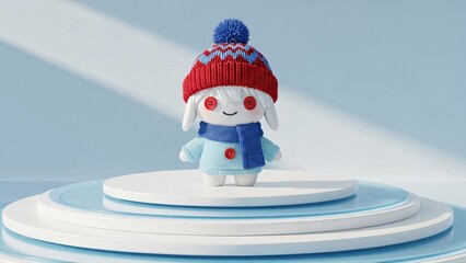 White plush doll with red hat and blue scarf standing on a circular podium. Cute toy plushie for childrens gifts and winter holiday season with copy space.