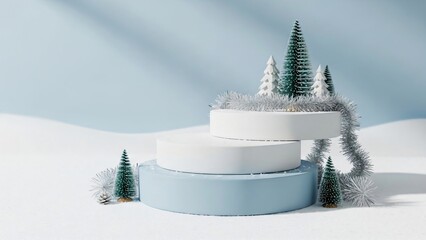 Tiered podium with miniature Christmas tree and garland on snow. Winter wonderland product display for holiday promotion and festive showcase.