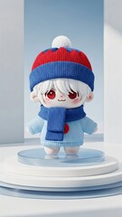 White plush doll with red hat and blue scarf standing on a circular podium. Cute toy plushie for childrens gifts and winter holiday season vertical banner with copy space.