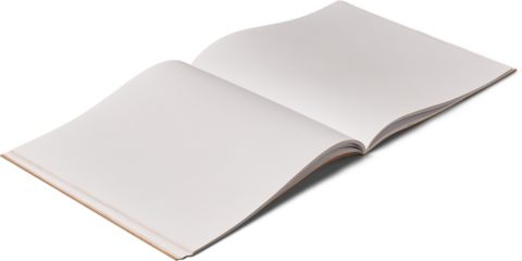 open blank booklet or magazine with clean white pages isolated white background, simple stationery mock-up template with copy space for text