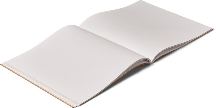 open blank booklet or magazine with clean white pages isolated white background, simple stationery mock-up template with copy space for text